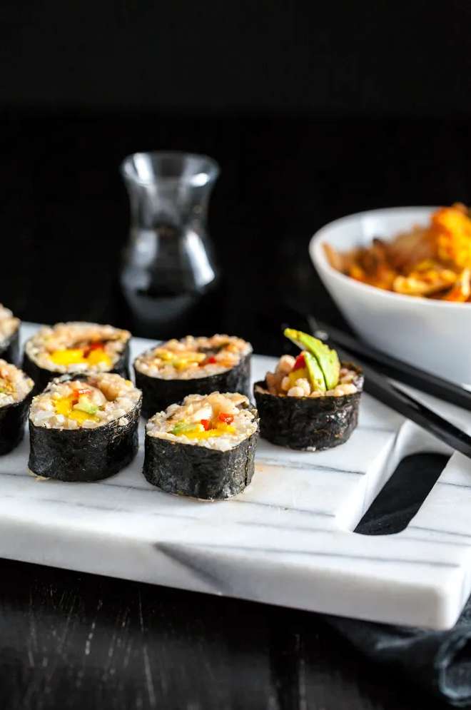 Mango, Avocado, and Kimchi Sushi Rolls