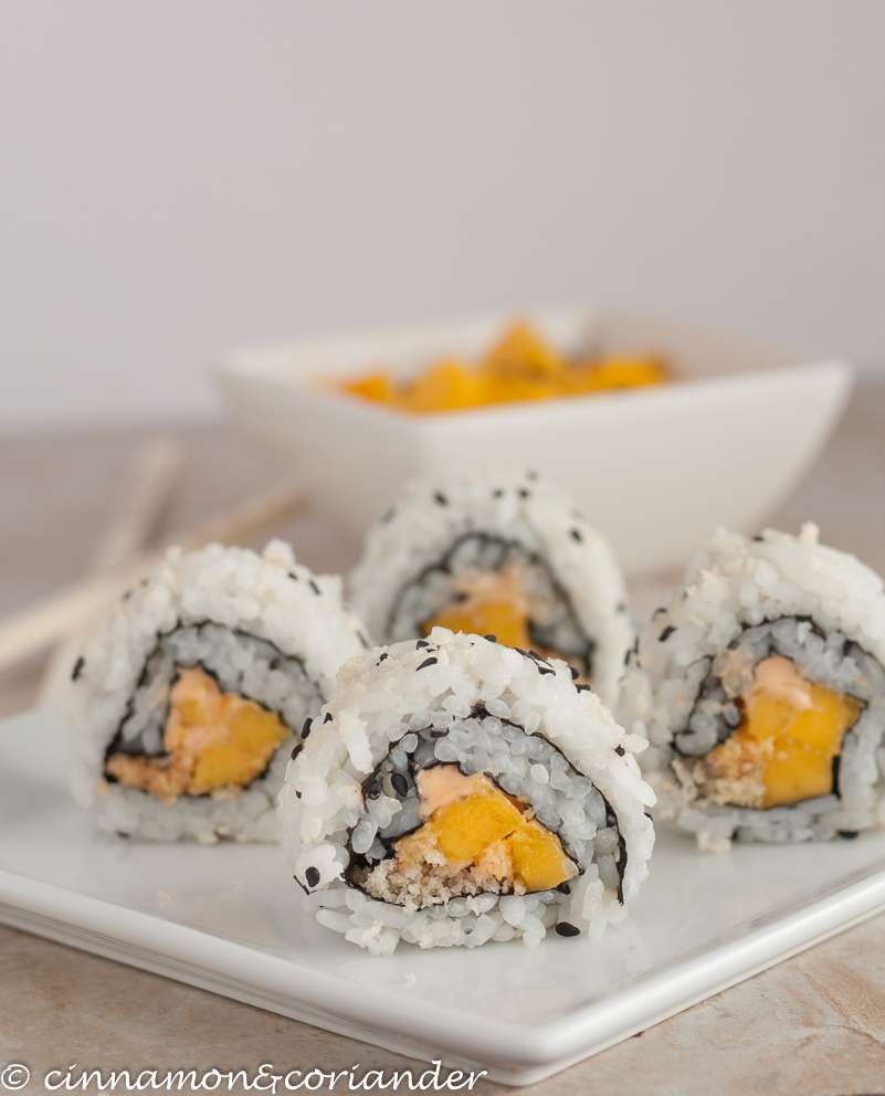 Vegan Inside-Out-Sushi with Mango, Panko, and Sriracha Mayo