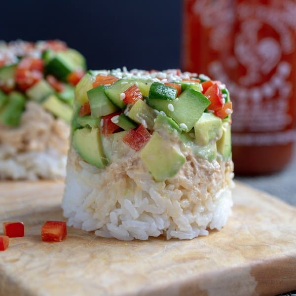 Spicy Tuna Sushi Stack with Sticky Rice & Avocado