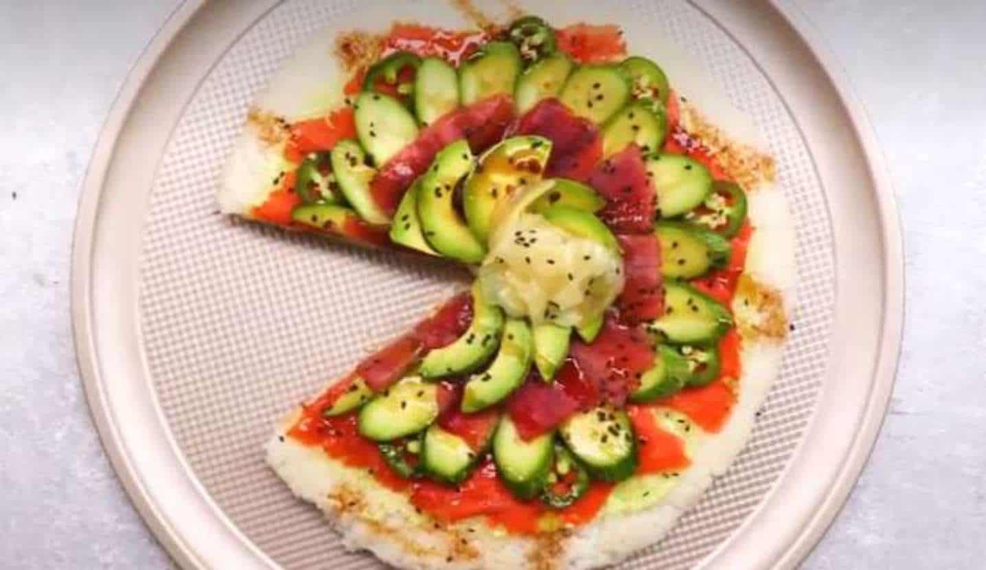 Sushi Pizza Drizzled withJalapeño Slices + Ponzu Sauce